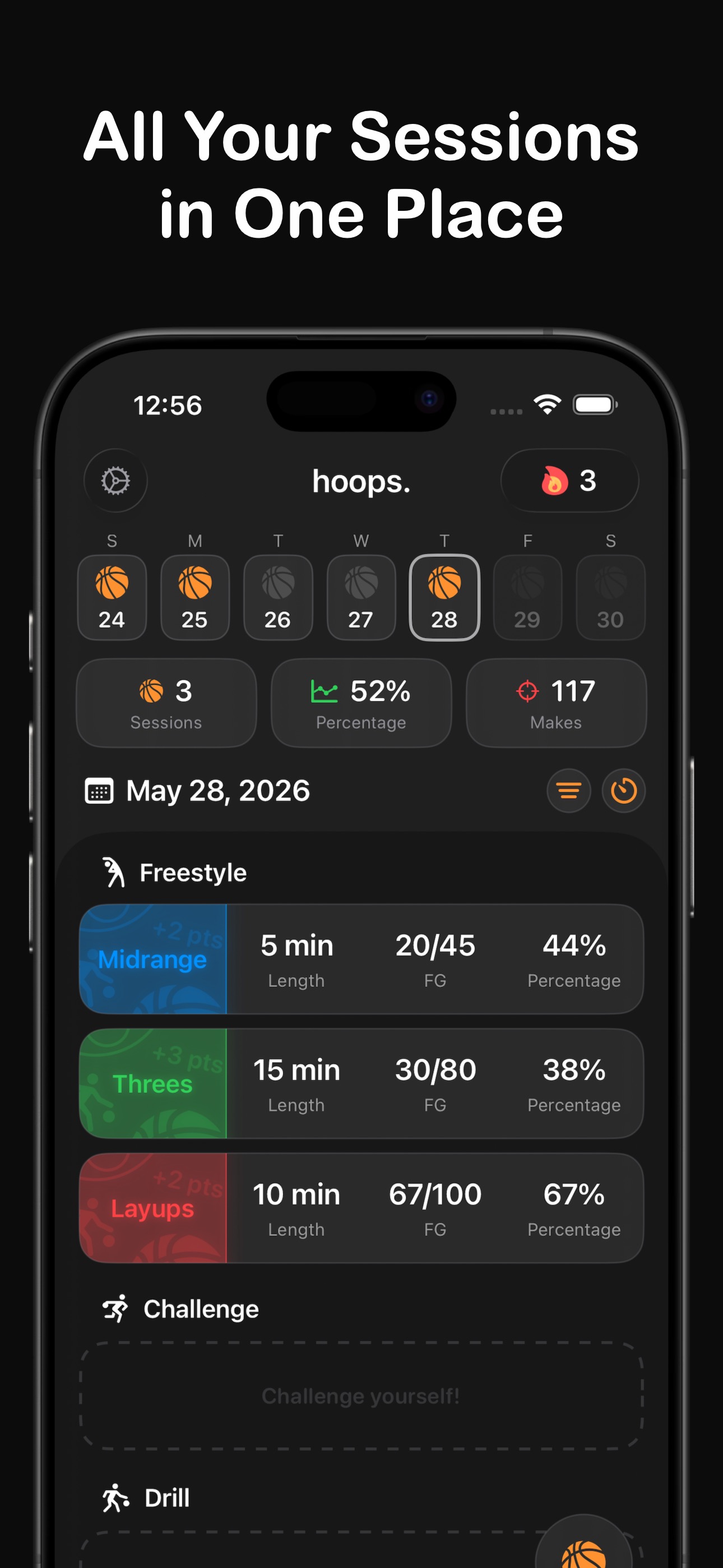 Hoops iPhone app showing all your shooting sessions in one place